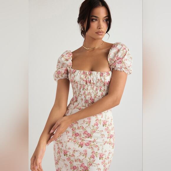 Nwt House of CB Bellucci Rose Floral Print Shirred Midi‎ Sundress XL - Picture 4 of 10